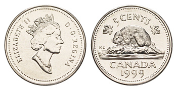 Канада 5 центов 1999 Елизавета II (1952-2022), бобр KM 182 медно-никель UNC 4639-527