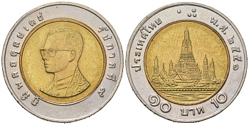 Таиланд 10 бат 2008 BE 2551, Рама IX (1946-2016) KM 227 биметалл UNC 4589-1242