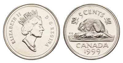 Канада 5 центов 1999 Елизавета II (1952-2022), бобр KM 182 медно-никель UNC 4639-527
