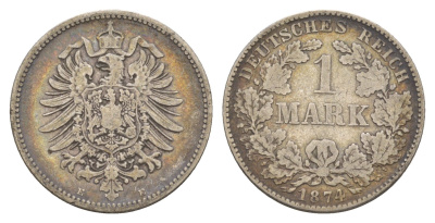 Германия 1 марка 1874 E, Вильгельм I (1871-1888) KM 7, J. 9 серебро 4657-1045