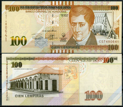 Гондурас 100 лемпира 2019 Хосе Сесильо дель Валье, мост через реку Челутека, дом Валье Pick 102 d  бумага  UNC (пресс) 447-105-3