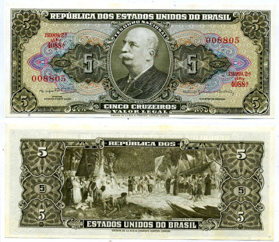 Бразилия 5 крузейро 1964 ESTAMPA 2A, SERIA 4088A, подпись 14 Pick 176d бумага UNC (пресс) 6299-38-3-1