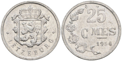 Люксембург 25 сантимов 1954 первый год KM 45а.1 алюминий 4549-1257
