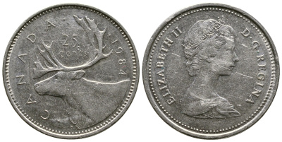 КАНАДА 25 ЦЕНТОВ 1984 ОЛЕНЬ, ЕЛИЗАВЕТА II KM 74 никель 4364-2631