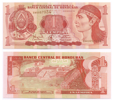 ГОНДУРАС 1 ЛЕМПИРА 1994 12 МАЯ 1994, РУИНЫ КОПАН, ОСТАТКИ ДРЕВНЕГО ГОРОДА ИНКОВ В ГОНДУРАСЕ Pick 76a бумага UNC (ПРЕСС) 8588-83-3-2