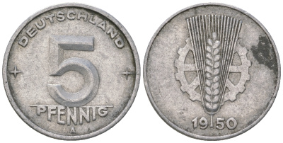 ГДР 5 пфеннигов 1950 А алюминий 4651-1132