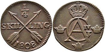 Швеция 1/4 скиллинга 1808 Густав IV Адольф (1792-1809) KM 564 медь 4389-922