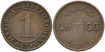 Германия 1 рейхспфенниг 1933 A KM 37, J. 313 бронза 4189-1165