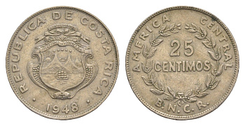 Коста-Рика 25 сентимо 1948 KM 175 медно-никель 4644-615