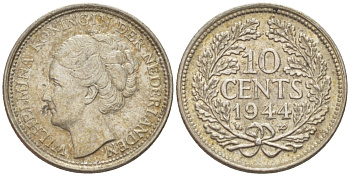 Нидерланды 10 центов 1944 Вильгельмина (1890-1948) KM 163 серебро aUNC 4392-1337