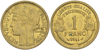 ФРАНЦИЯ 1 ФРАНК 1941 ТИП MORLON KM 885, LE FRANC 219.12 алюминиевая бронза 3853-224