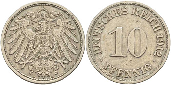 ГЕРМАНИЯ 10 ПФЕННИГОВ 1912 A KM 12, J. 13 медно-никель 175-222