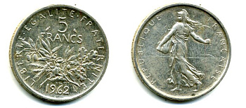 Франция 5 франков 1962 сеятель KM 926, LE FRANC 340.6 серебро 37-932
