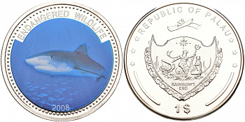 Палау 1 доллар 2008 серия вымирающие виды, синяя акула, цветная эмаль KM 201 медно-никель PROOF M39-15