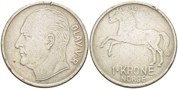 НОРВЕГИЯ 1 КРОНА 1961 ЛОШАДЬ, УЛАФ V (1957-1991) KM 409 медно-никель 213-715