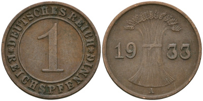 Германия 1 рейхспфенниг 1933 A KM 37, J. 313 бронза 4189-1165