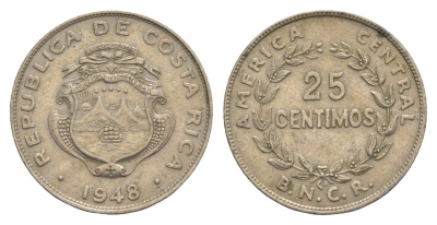 Коста-Рика 25 сентимо 1948 KM 175 медно-никель 4644-615