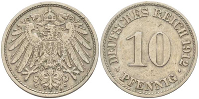 ГЕРМАНИЯ 10 ПФЕННИГОВ 1912 A KM 12, J. 13 медно-никель 175-222