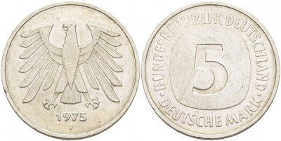 ФРГ 5 марок 1975 J, монетный двор Гамбург КМ 140.1, J. 415 медно-никель плакированный никелем 59-433