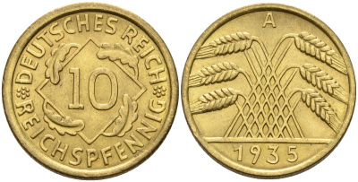 Германия 10 рейхспфеннигов 1935 A KM 40, J. 317 алюминиевая бронза 87-824
