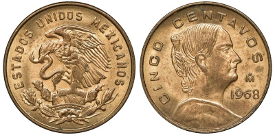 Мексика 5 сентаво 1968 Мо, Жозефа Ортис де Домингес KM 426 латунь UNC 4591-615