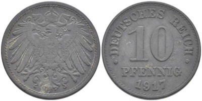 ГЕРМАНИЯ 10 ПФЕННИГОВ 1917 KM 26, J. 299 цинк 175-231