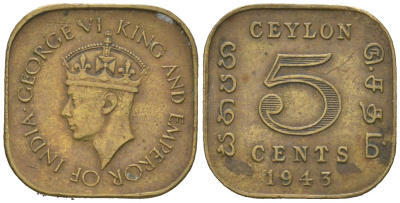 Цейлон 5 центов 1943 KM 113.1 никель латунь 4621-138
