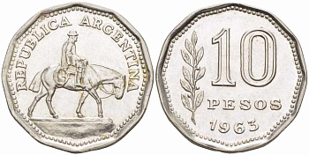 Аргентина 10 песо 1963 Гаучо KM 60 никелированная сталь 108-1216