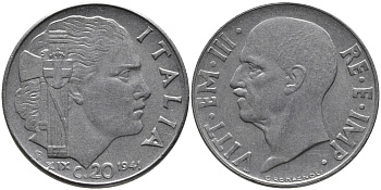 ИТАЛИЯ 20 ЧЕНТЕЗИМО 1941 R, ВИКТОР ИМАНУИЛ, XXII ГОД, МАГНИТНАЯ KM 75b нержавеющая сталь 83-1725