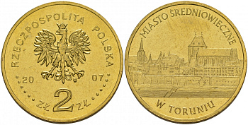 Польша 2 злотых 2007 MW, средневековое место в Торуне (TORUNIO) KM 622 латунь UNC M4-02