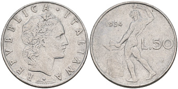 Италия 50 лир 1954 R, Бог огня Вулкан у наковальни KM 95.1 нержавеющая сталь 51-143
