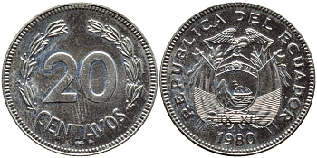 ЭКВАДОР 20 СЕНТАВО 1980 KM 77.2а сталь плакированная никелем 4392-1325