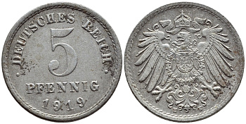 ГЕРМАНИЯ 5 ПФЕННИГОВ 1919 E KM 19, J 297 железо 4396-268