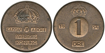 Швеция 1 эре 1954 TS, Густав VI Адольф (1950-1973) KM 820 бронза 54-765