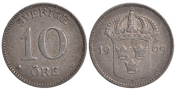 Швеция 10 эре 1909 W, Густав V (1907-1950) KM 780 серебро 4179-547