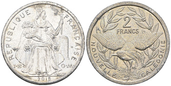 Французская Новая Каледония 2 франка 2015 птица кагу, (IEOM) KM 14, Schoen 11 алюминий    27-213