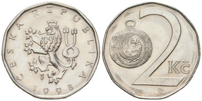 Чехия 2 кроны 1998 b’ KM 9 сталь плакированная никелем aUNC 4516-559