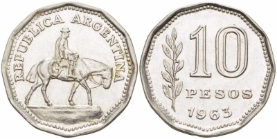 Аргентина 10 песо 1963 Гаучо KM 60 никелированная сталь 108-1216