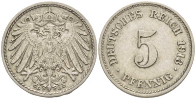 ГЕРМАНИЯ 5 ПФЕННИГОВ 1913 G KM 11, J. 12 медно-никель 105-164