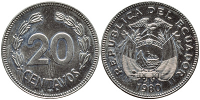 ЭКВАДОР 20 СЕНТАВО 1980 KM 77.2а сталь плакированная никелем 4392-1325