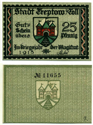ТРЕПТОВ 25 ПФЕННИГОВ 1918 19 ИЮЛЯ 1917, НОТГЕЛЬД, ЗЕМЛЯ ПОМЕРАНИЯ Grabowski Т22.3а бумага 2193-14-3-2