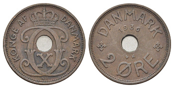 Дания 2 эре 1936 N, Кристиан X (1912-1947) KM 827 бронза 4701-834