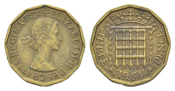 Великобритания 3 пенса 1964 Елизавета II (1952-2022) KM 900, Spink 4153 никель латунь 4643-465