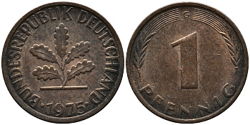 ФРГ 1 пфенниг 1975 G KM 105, J.380 сталь плакированная медью 99-333