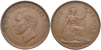 Великобритания 1 пенни 1938 Георг VI (1936-1952) КМ 845, Spink 4114 бронза 115-341
