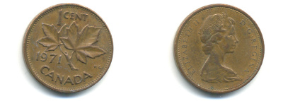 Канада 1 цент 1971 Елизавета II (1952-2022), кленовый лист KM 59.1 бронза 177-1339