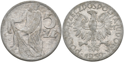 Польша 5 злотых 1959 MW, рыбак KM 47 алюминий 4565-114