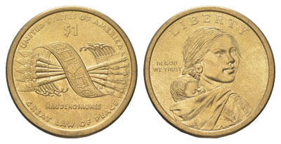 США 1 доллар 2010 D, Коренные Американцы - Пояс Гайавата KM 474 медь с марганцево-латунным покрытием UNC 4629-252