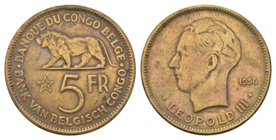 Бельгийское Конго 5 франков 1936 KM 24 никель латунь 1519-134