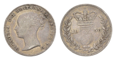 Великобритания 3 пенса 1858 Виктория (1837-1901) KM 730, Spink 3914 серебро 1520-1222